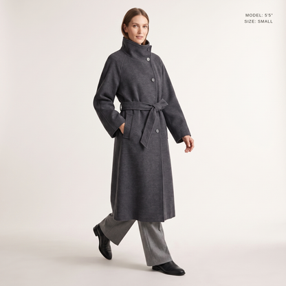 Belted Longline Coat in Grey, front view, model 5 ft 5 in wearing size Small