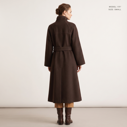 Belted Longline Coat in Espresso, back view, model 5 ft 5 in wearing size Small