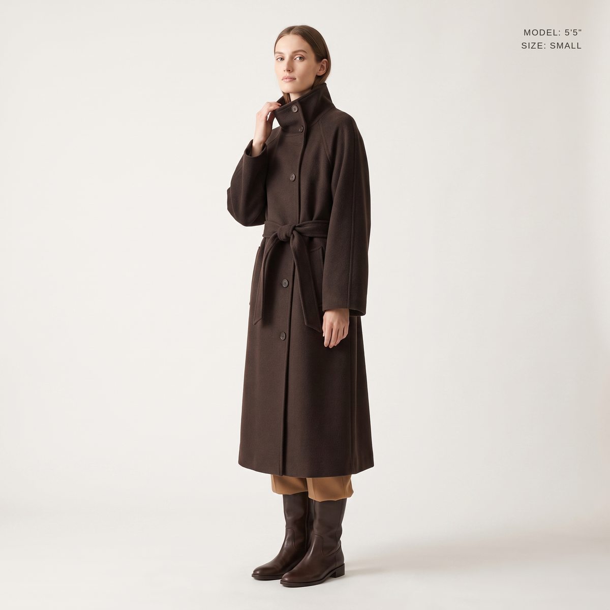 Belted Longline Coat in Espresso, front view, model 5 ft 5 in wearing size Small