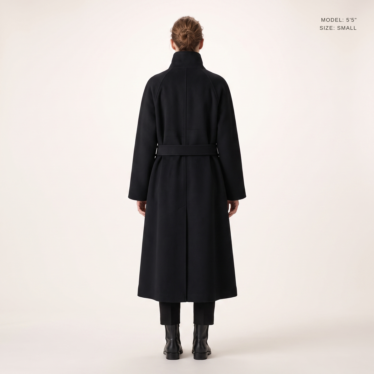 Belted Longline Coat in Black, back view, model 5 ft 5 in wearing size Small