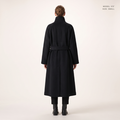 Belted Longline Coat in Black, back view, model 5 ft 5 in wearing size Small
