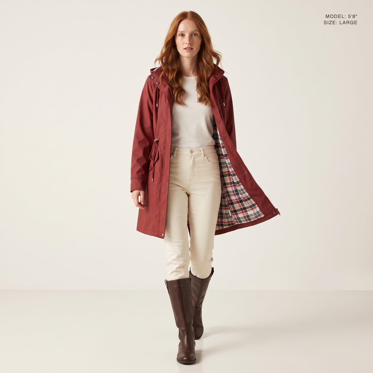 The Ashby Hooded Rain Trench in Wine Red, worn open to show the plaid flannel lining, model 5 foot 8 wearing size Large