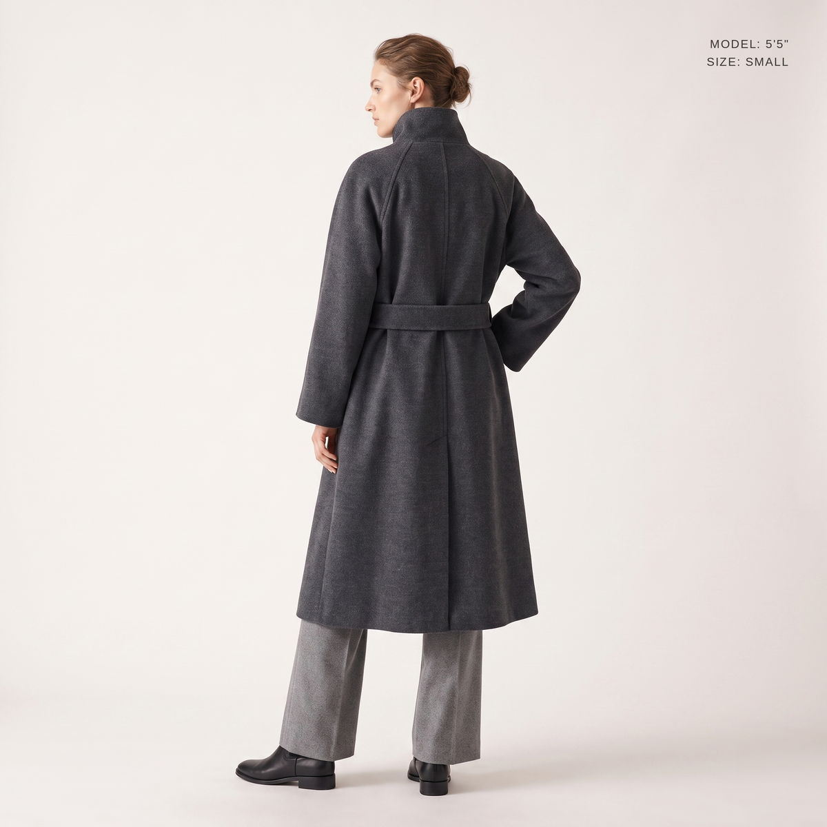 Belted Longline Coat in Grey, back view, model 5 ft 5 in wearing size Small