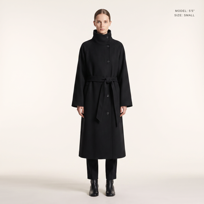 Belted Longline Coat in Black, front view, model 5 ft 5 in wearing size Small