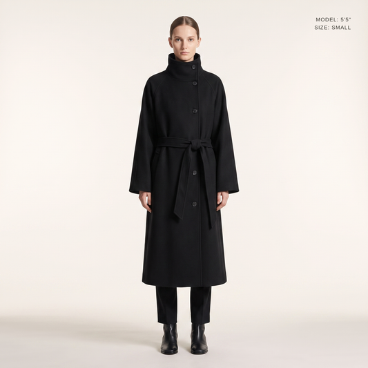 Belted Longline Coat in Black, front view, model 5 ft 5 in wearing size Small