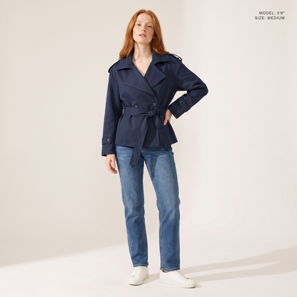 The Bexley Lapel Trench in Blue, front view, model 5 foot 8 wearing size Medium