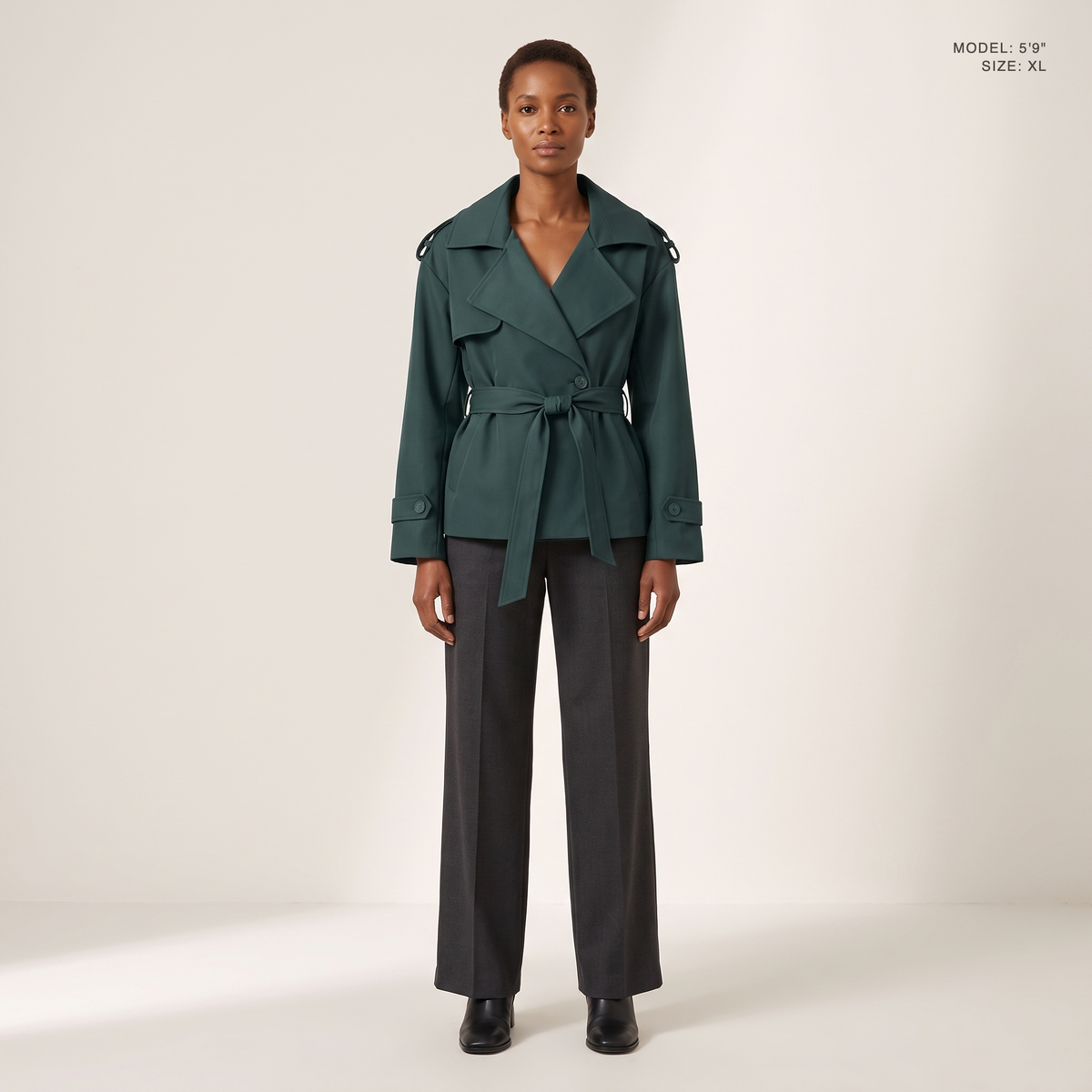 The Bexley Lapel Trench in Dark Green, front view, model 5 foot 9 wearing size XL