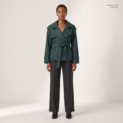 The Bexley Lapel Trench in Dark Green, front view, model 5 foot 9 wearing size XL