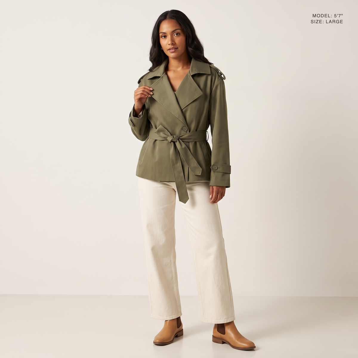 The Bexley Lapel Trench in Green, front view, model 5 foot 7 wearing size Large