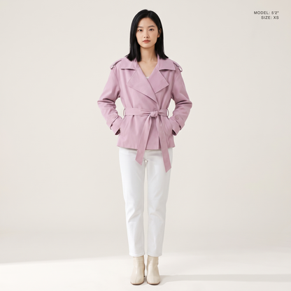The Bexley Lapel Trench in Pink, front view, model 5 foot 2 wearing size XS