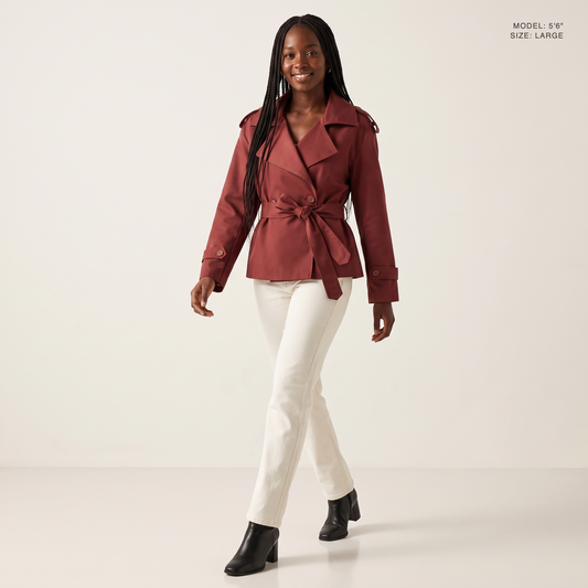 The Bexley Lapel Trench in Red, front view, model 5 foot 6 wearing size Large