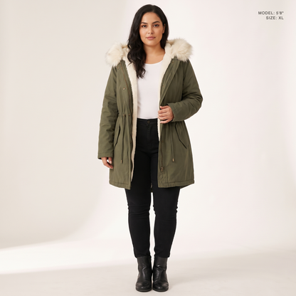 The Camden Sherpa Parka in Army Green, worn open to show the sherpa fleece lining, model 5 foot 8 wearing size XL