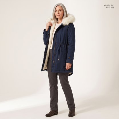 The Camden Sherpa Parka in Navy Blue, worn open to show the sherpa fleece lining, model 5 foot 6 wearing size XXL