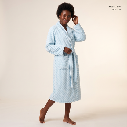 The Ellery Chevron Robe in Baby Blue, model 5 ft 4 in wearing size S/M