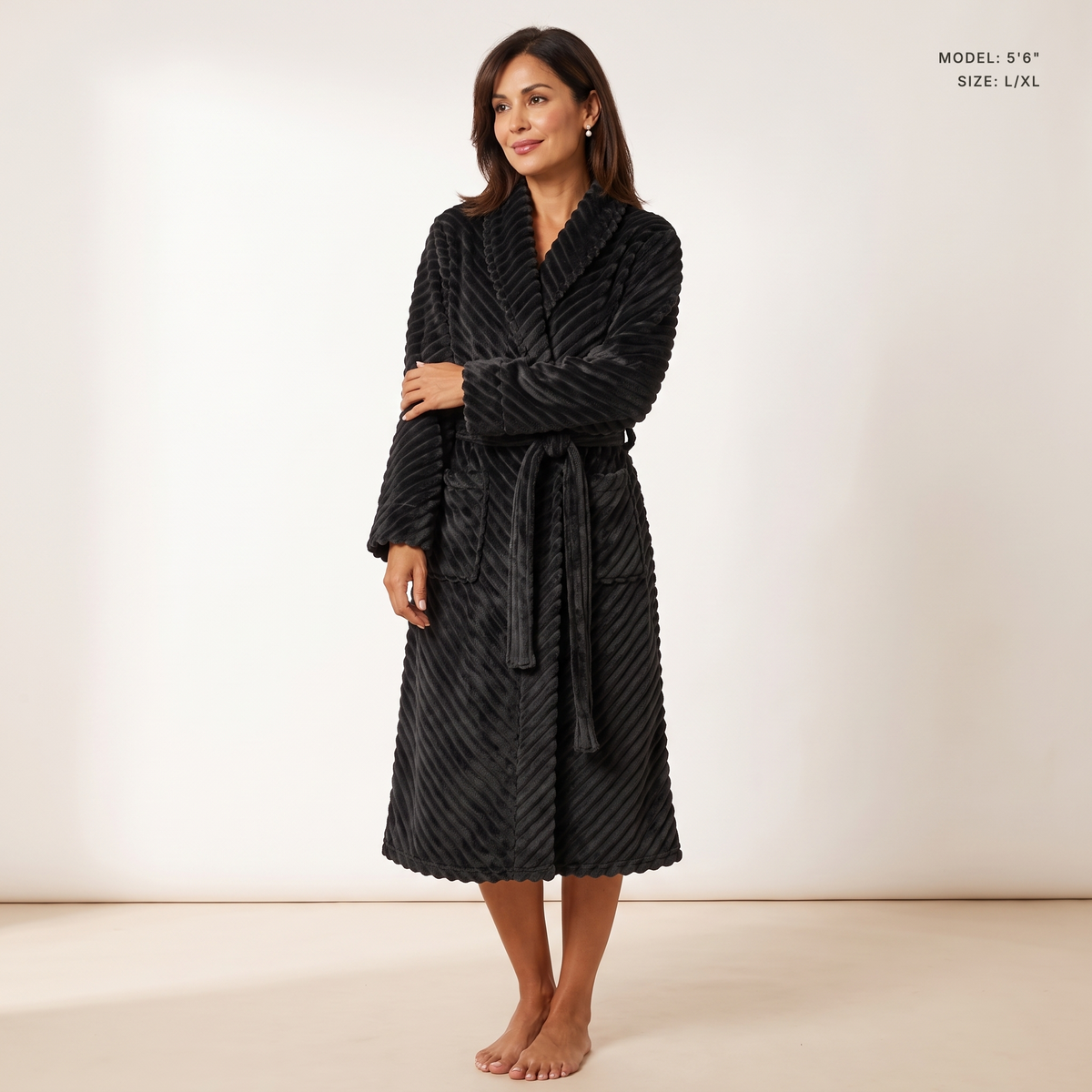 The Ellery Chevron Robe in Black, model 5 ft 6 in wearing size L/XL