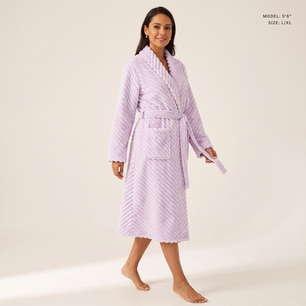 The Ellery Chevron Robe in Lavender, model 5 ft 6 in wearing size L/XL