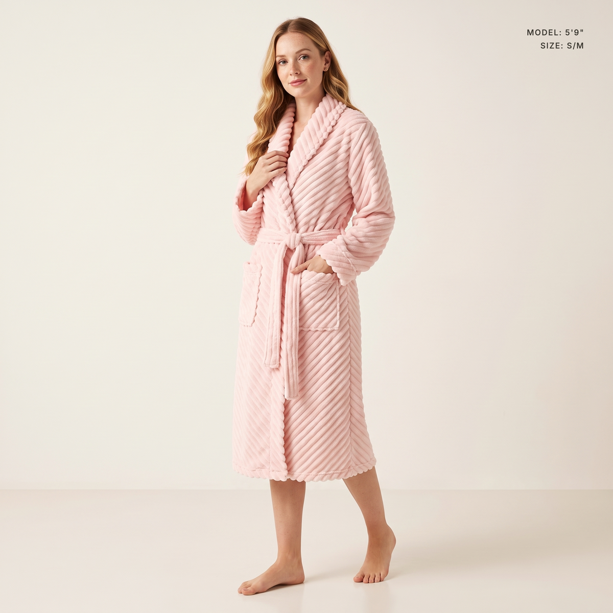 The Ellery Chevron Robe in Light Pink, model 5 ft 9 in wearing size S/M