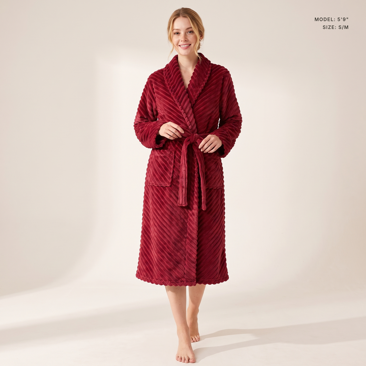 The Ellery Chevron Robe in Wine, model 5 ft 9 in wearing size S/M
