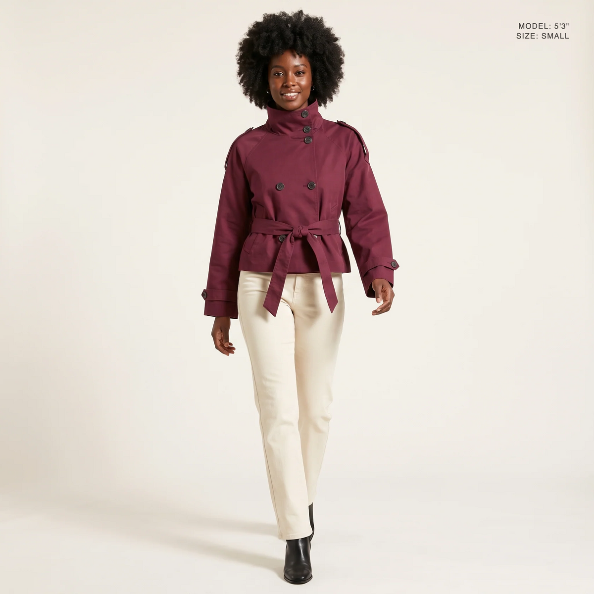 The Halston Cropped Trench in Burgundy, front view, model 5 foot 3 wearing size Small