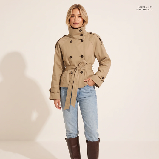 The Halston Cropped Trench in Khaki, front view, model 5 foot 7 wearing size Medium