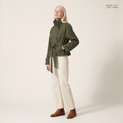 The Halston Cropped Trench in Army Green, front view, model 5 foot 10 wearing size Large