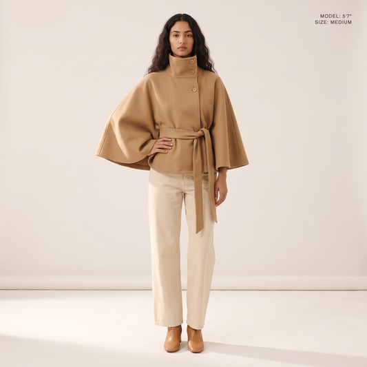 The Marlowe Cape Coat in Khaki, front view, model 5 foot 7 wearing size Medium