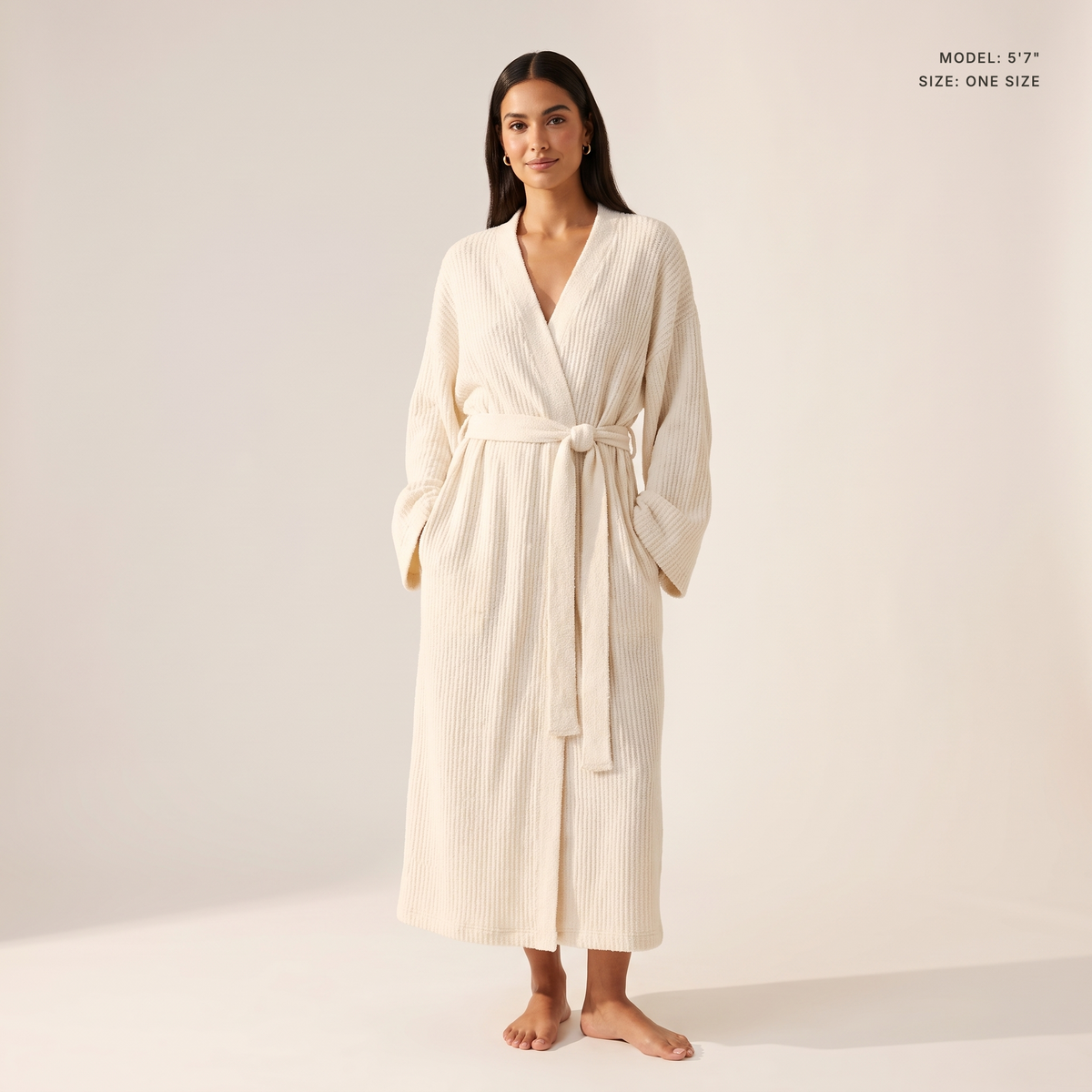 The Sloane Kimono Robe in Cream, model 5 ft 7 in wearing one size