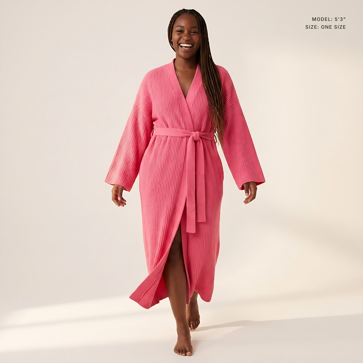 The Sloane Kimono Robe in Hot Pink, model 5 ft 3 in wearing one size