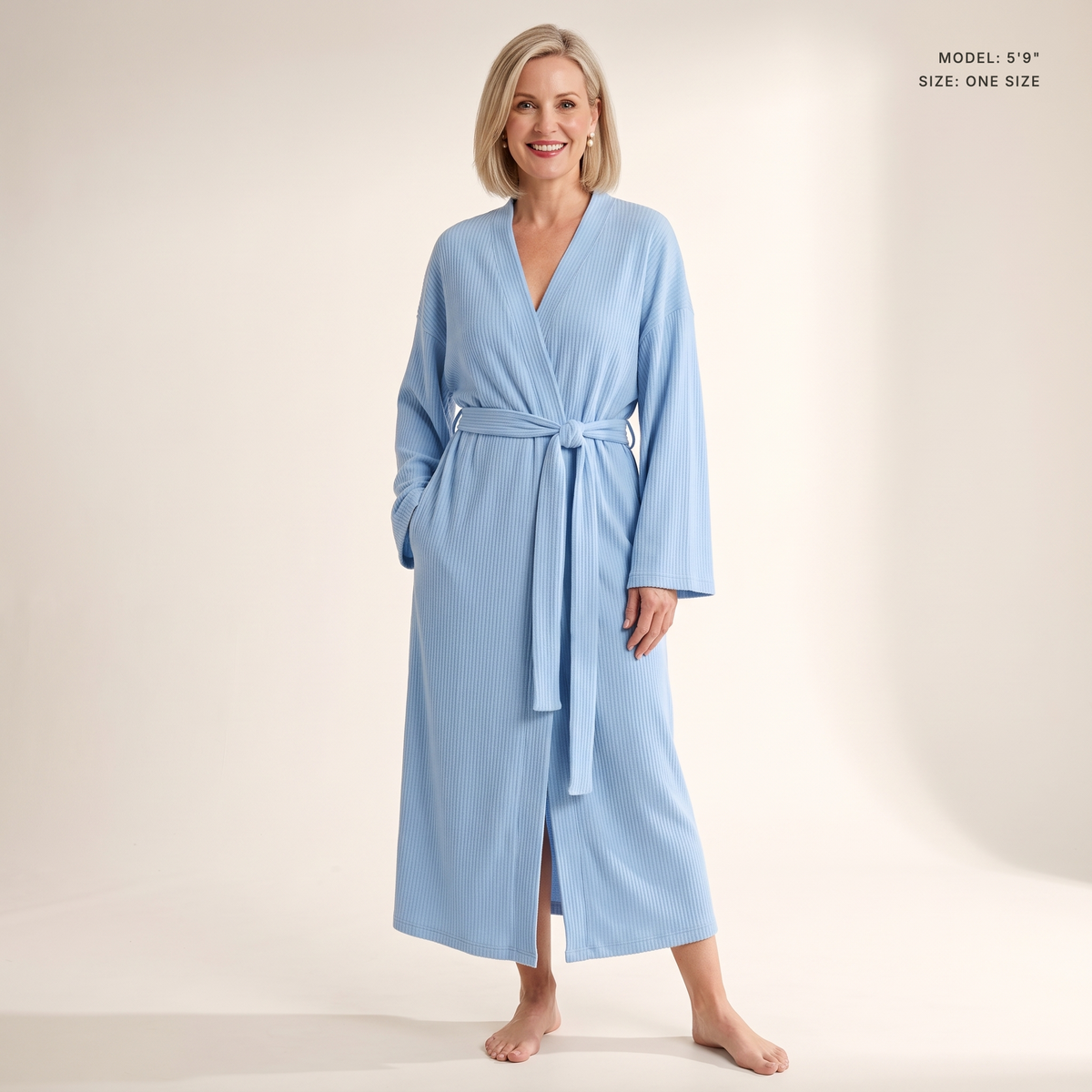 The Sloane Kimono Robe in Light Blue, model 5 ft 9 in wearing one size