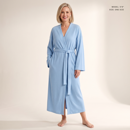 The Sloane Kimono Robe in Light Blue, model 5 ft 9 in wearing one size