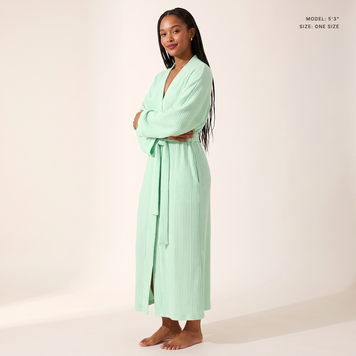 The Sloane Kimono Robe in Light Green, model 5 ft 3 in wearing one size
