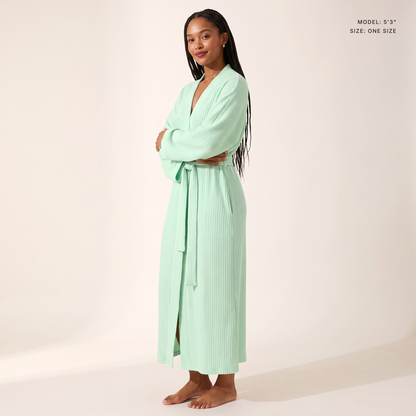 The Sloane Kimono Robe in Light Green, model 5 ft 3 in wearing one size