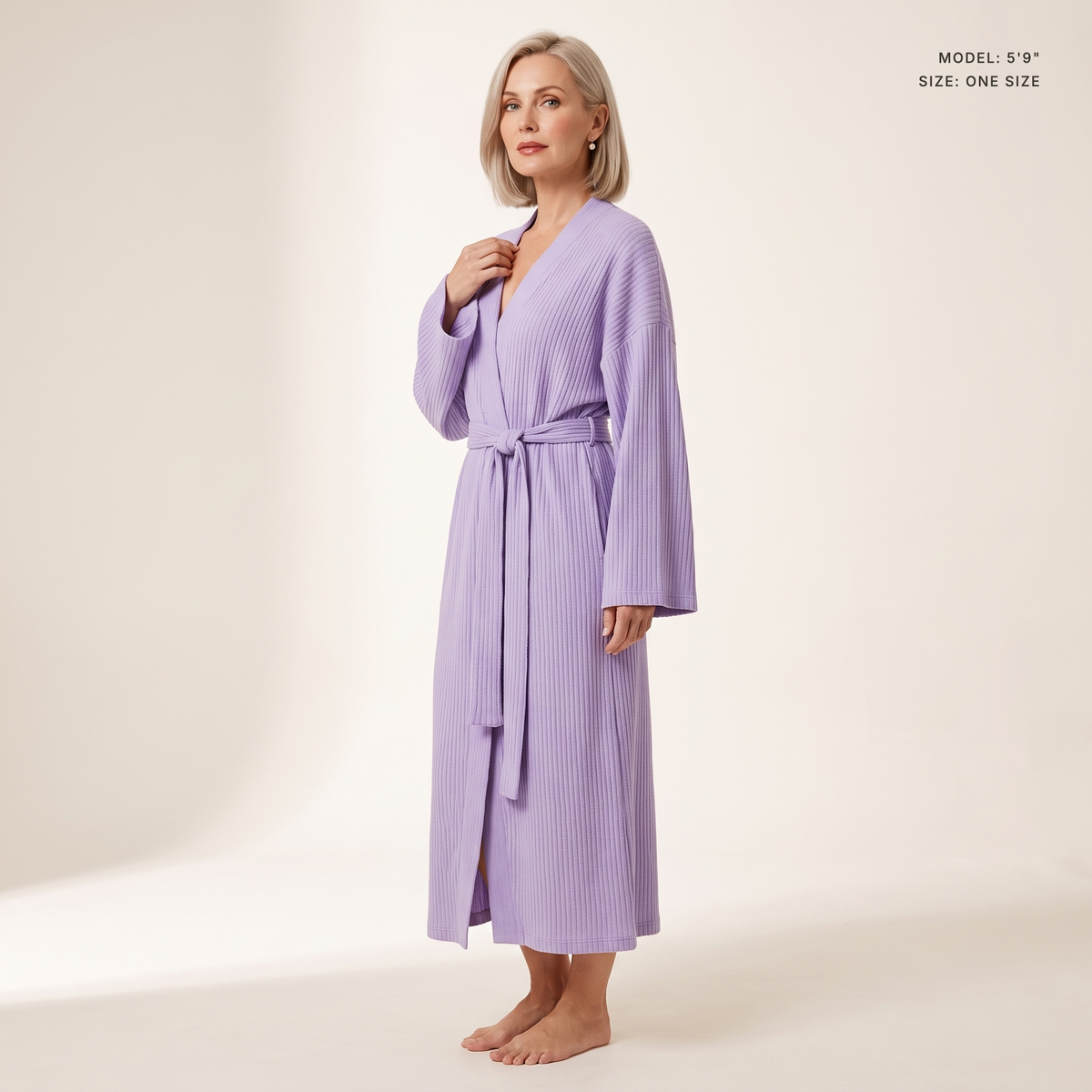 The Sloane Kimono Robe in Mauve Purple, model 5 ft 9 in wearing one size