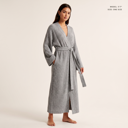 The Sloane Kimono Robe in Silver Gray, model 5 ft 7 in wearing one size